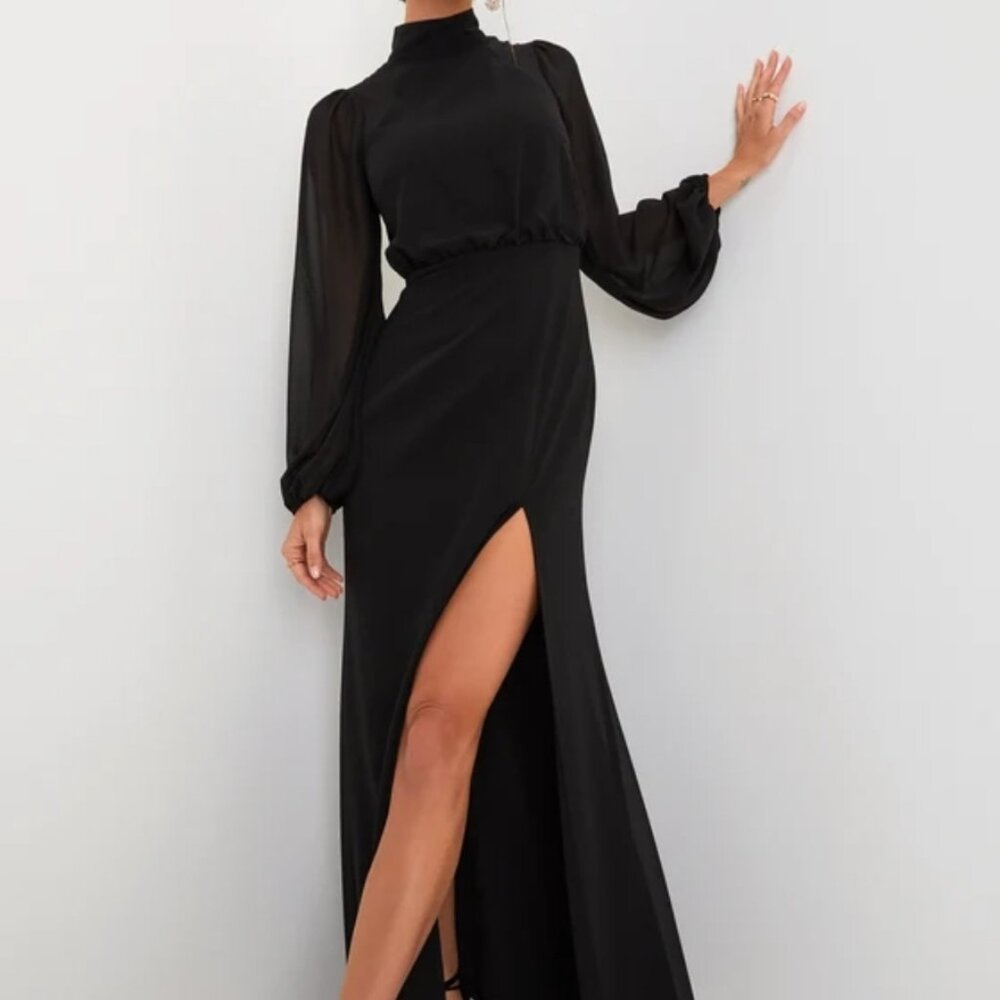 Lulus Graceful Entrance Black Long Sleeve Backless Event Maxi Dress L
